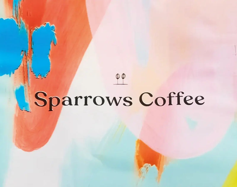 Colorful abstract design with 'Sparrows Coffee' text