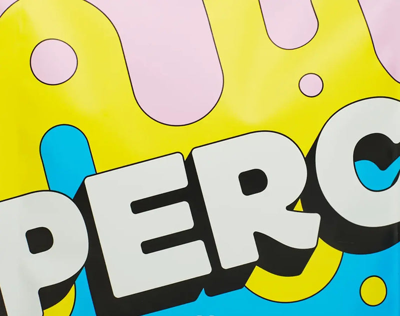 Colorful graphic with the word 'PERC' on a polka dot background