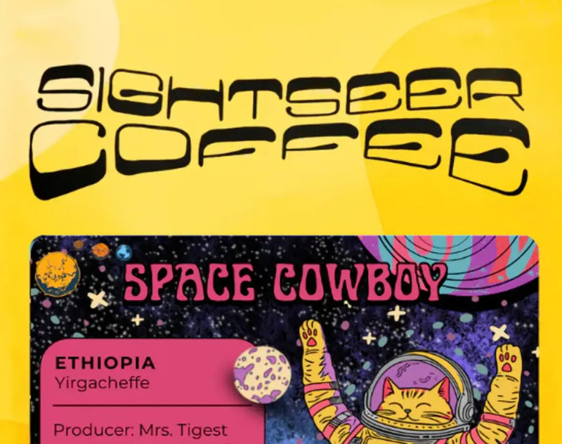 Coffee label with 'Sightsbeer Coffee' branding and space-themed design on a yellow background.